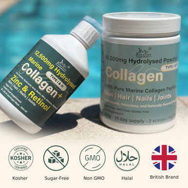 NUTRI BEAUTIES 12500mg Hydrolysed Marine Collagen PLUS Zinc & Retinol+Hyaluronic Acid Biotin Vitamin C D3 & Silica for Hair Skin Nails Joints |Collagen Supplements for Women| 500ml| Sugar-Free