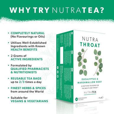 Nutra Tea NUTRATHROAT - Soothing Throat Tea | Sore Throat Tea | Throat Relief Tea - Tea For Sore Throat & Coughs - Includes Marshmallow Root & Slippery Elm - 20 Enveloped Tea Bags - by - Herbal Tea