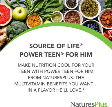 Natures Plus Power Teen For Him - 60 Chewable Tablets, Wild Berry - High-Potency Teenage Multivitamin - Sugar Free, Vegetarian, Gluten - 30 Servings