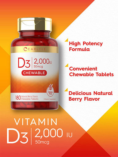 Carlyle Chewable Vitamin D3 2000 Iu (50Mcg) Tablets | 180 Count | Natural Berry Flavor | Vegetarian, Non-Gmo And Gluten Free