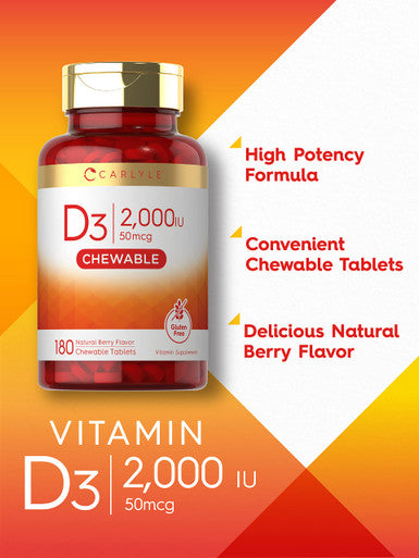 Carlyle Chewable Vitamin D3 2000 Iu (50Mcg) Tablets | 180 Count | Natural Berry Flavor | Vegetarian, Non-Gmo And Gluten Free
