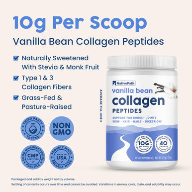 NativePath Collagen Peptides - Hydrolyzed Type 1 & 3 Collagen. Keto & Paleo Grass-Fed Protein Powder for Hair Skin Nails Bones Joints Digestion and More - No Gluten or Dairy (Vanilla Bean 214g)