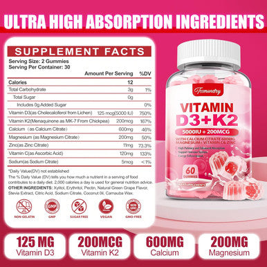 Vitamin D3 K2 Supplement For Adults - Vitamin D3 5000 Iu + K2 200 Mcg - Vit D3 K2 Gummies With Calcium 600Mg Magnesium Zinc & Vitamin C For Women Men - Supports B0Ne, Muscle Immune - 120 Count