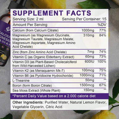 Calcium Magnesium Zinc 1300Mg With Magnesium Glycinate, Vitamin C D3 K2 B6 And Sea Moss Calcium Supplement Calcium With Vitamin D3 K2 Liquid Drop Gluten 2 Pack