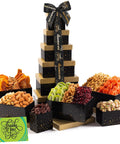 NUT CRAVINGS - Purim Mishloach Manot Dried Fruit & Mixed Nuts Gift Basket, Green Tower + Ribbon (12 Assortments) Ramadan Gifts Food Arrangement, Healthy Snack Care Package, Kosher