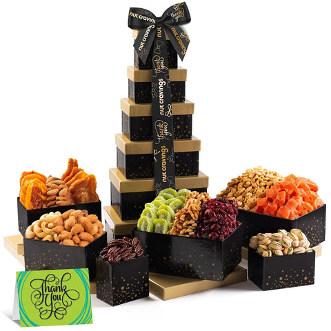 NUT CRAVINGS - Purim Mishloach Manot Dried Fruit & Mixed Nuts Gift Basket, Green Tower + Ribbon (12 Assortments) Ramadan Gifts Food Arrangement, Healthy Snack Care Package, Kosher