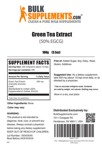 BulkSupplements Green Tea Extract Powder - with 50% EGCG - EGCG Supplements - Green Tea Supplement - 500mg of Green Tea Powder - Green Tea EGCG (100 Grams - 3.5 oz)