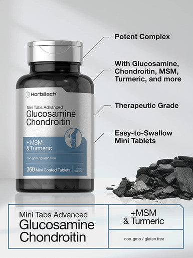 Advanced Glucosamine Chondroitin MSM Plus Turmeric | 360 Mini Coated Tablets | Non-GMO and Gluten Free Supplement | by Horbaach