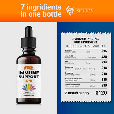 SIRUNES Immune Booster - Immunity Support Multivitamin - Vitamin C And D3, Elderberry, Zinc, Ecea, Ginger, Turmeric - Antioxidant, Energy And Vigor, Brain Boost, Stress Relief (Immune Support 4 Fl Oz)