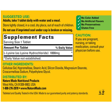 Nature Made Extra Strength L-Lysine 1000 Mg Tablets 60 Count For Protein Synthesis