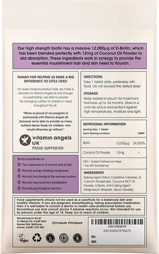 INNOPURE Biotin Tablets 12000mcg with Coconut - Hair Growth Supplement - Vegan Society Certified (180 Tablets) UK Made by Innopure