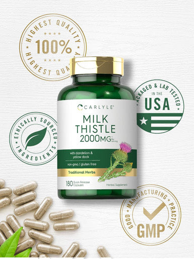Carlyle Milk Thistle 2000Mg 180 Capsules With Dandelion & Yellow Dock Non-Gmo, Gluten Free