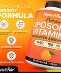 Nutrivein Liposomal Vitamin C 1650mg - 180 Capsules - High Absorption Ascorbic - Supports Immune System & Collagen Booster - Powerful Antioxidant