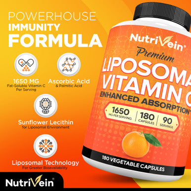 Nutrivein Liposomal Vitamin C 1650mg - 180 Capsules - High Absorption Ascorbic - Supports Immune System & Collagen Booster - Powerful Antioxidant
