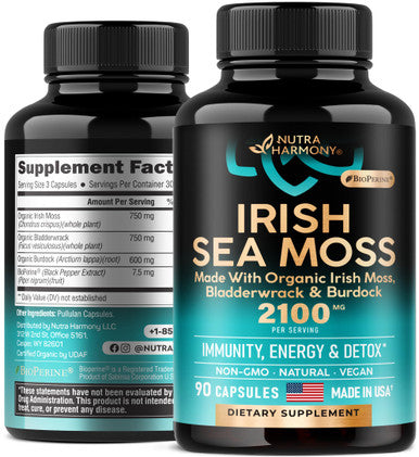 NUTRAHARMONY Irish Sea Moss Capsules - Made With Organic Sea Moss, Bladderwrack & Burdock Root - Made In Usa - Advanced Superfood - Natural Multi Supplements Blend - Immunity & Energy Support - 90 Vegan Capsules