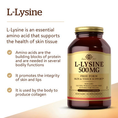 Solgar L-Lysine 500 Mg 250 Vegetable Capsules - Enhanced Absorption & Assimilation - Promotes Integrity Of Skin & Lips - Collagen Support - Amino Acids - Non-Gmo Vegan Gluten Free - 250 Servings