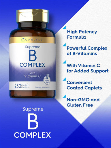 Carlyle Vitamin B Complex Plus Vitamin C | 250 Caplets | Vegetarian Non-GMO and Gluten Supplement
