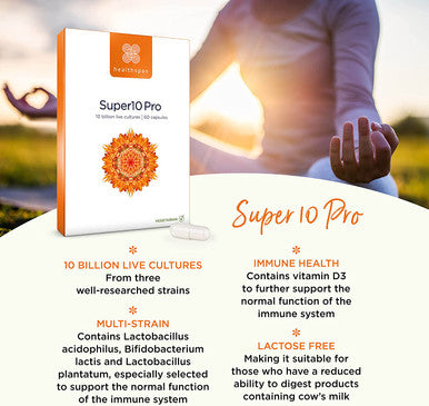 Healthspan Super10 Probiotic | 60 Capsules | 10 Billion Live Cultures | Added Vitamin D3 | Lactobacillus Acidophilus | Bifidobacterium Lactis | Lactobacillus Plantatum | Lactose-Free | Vegetarian