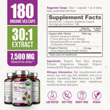 Biophix Milk Thistle Usda Organic 30:1 Extract 7500 Mg With Piperine 180 Veggie Capsules - Healthy Liver Support - Antioxidant Formula - Detoxification Support
