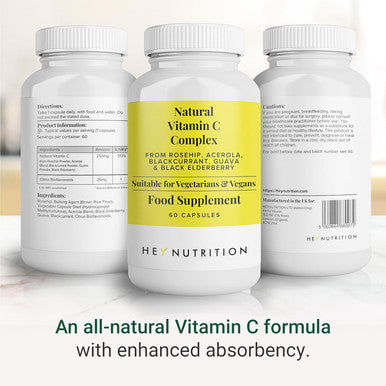 Hey Nutrition Natural Vitamin C 250mg Complex from Rosehip Acerola Blackcurrant Guava and Elderberry - Immune Function Stress Metabolic Health & Fatigue - Non-GMO 60 Vegan Capsules