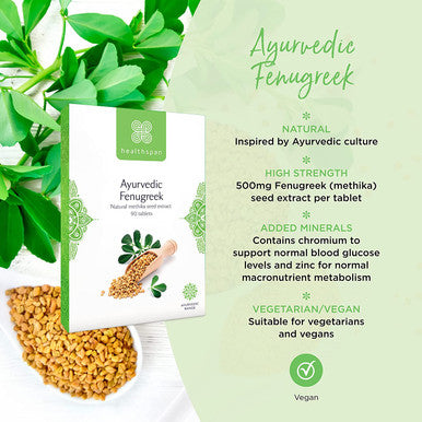 Healthspan Ayurvedic Fenugreek Tablets | 90 Tablets | 500mg Seed Extract Per Tablet | Added Chromium & Zinc | Maintain Blood Sugar Levels | Vegan