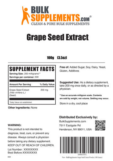 BulkSupplements Grape Seed Extract Powder - Herbal Supplements, Antioxidants Supplement - 200mg of Grapeseed Extract Powder , (100 Grams - 3.5 oz)