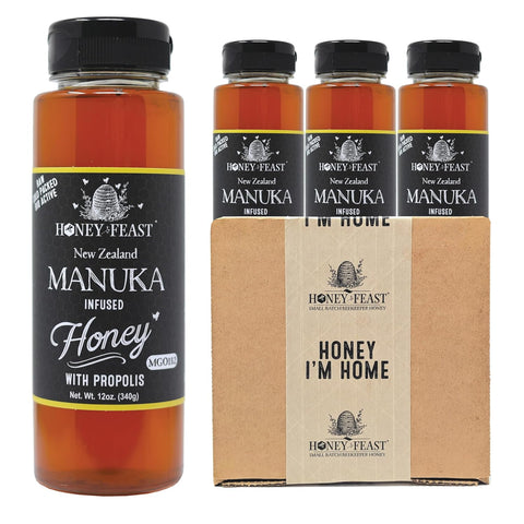 HONEY FEAST New Zealand Manuka Infused Honey with Propolis 12oz - Raw Manuka Honey, Patent Pending Formula, MGO182 Rating, Manuka Honey New Zealand