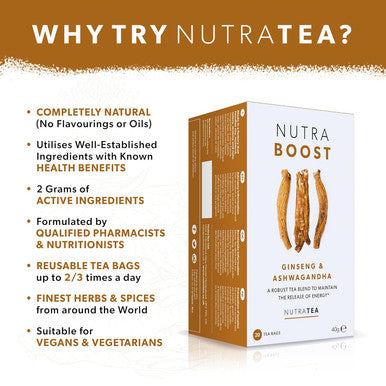 Nutra Tea NUTRABOOST - Energy Tea | Focus Tea Includes Astragalus Ashwagandha & Gotu Kola - Naturally Caffeine- and Sugar- - 20 Enveloped Tea Bags - by - Herbal Tea