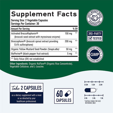 Sulforaphane Supplement 19mg Real Stabilized Sulforaphane 405mg Complex 125mg of Glucoraphanin Myrosinase from Broccoli Sprouts Seed Extract Antioxidant Detoxification Cellular Health
