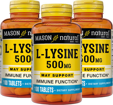 Mason Natural L-Lysine 500 mg with Calcium - Improved Immune Function, Enhanced Nutrient Absorption, Essential Amino Acid, 100 Tablets (Pack of 3)