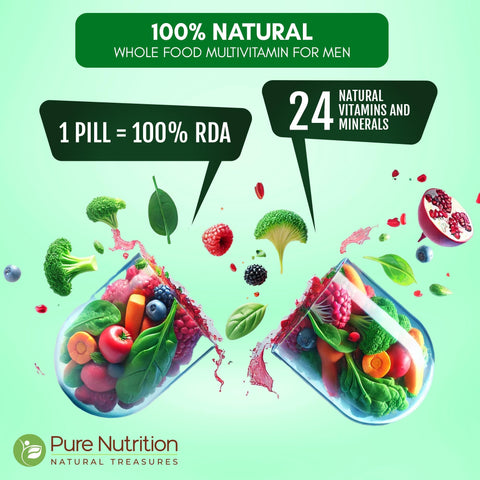 Pure Nutrition Whole Food Multivitamins for Men 90 Tabs OneADay 100% RDA 24 Natural Vitamins and Minerals All Natural Plant Based Men's Multivitamin 3 Months Supply