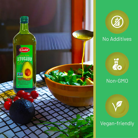 Galil 100% Pure Avocado Oil - High Smoke Point 500Ã‚Â°F Non-GMO, Vegan, Halal Certified - Perfect for Cooking, Baking, SautÃƒÂ©ing, Dressings & Marinades, Rich in Healthy Fats - 1 Liter Glass Bottle