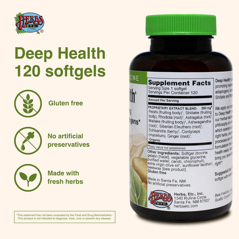 Herbs Etc. Deep Health - Daily Use Adaptogen Supplement - Aids Immune Health & Energy - With Reishi Mushroom - 120 Softgels (120 Servings)