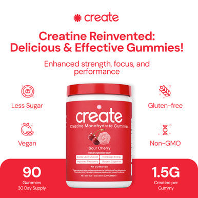 Create Creatine Monohydrate Gummies for Men & Women | 1.5g Creatine per Gummy for Muscle Strength Endurance Recovery & Focus | Vegan Non-GMO Gluten-Free | Premium Sour Cherry Flavor | 90 Count