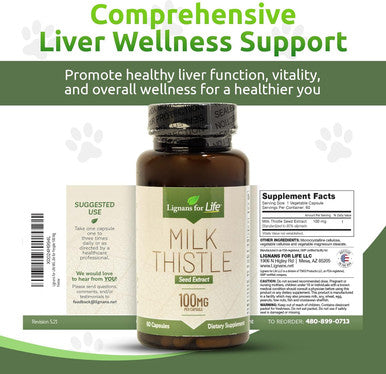 Lignans For Life Milk Thistle Seed Extract Herbal Supplement For Dogs, 100Mg - 60 Vegetarian Capsules, Canine Liver Health, Natural Milk Thistle Supplement, Liver Supplement, Liver Support Supplement