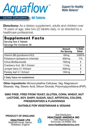 Aquaflow, Support For Healthy Water Balance & Reduces Symptoms Of Water Retention, 60Ct, Vegan