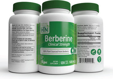 Berberine HCl 500mg Clinical Strength Blood Sugar Support Vegan Certified 3rd Party Tested All Plant Extract NonGMO Gluten Free Soy Free by Health Thru Nutrition Pack of 120