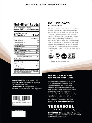 Terrasoul Superfoods Organic Rolled Oats 2.5 lbs - Gluten- | Old-Fashioned | Whole Grain