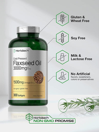 Flaxseed Oil Softgels 3000mg | 300 Count | High Potency | with Omega 3 6 9 | Non-GMO, Gluten Free | Cold Pressed Flax Seed | by Horbaach