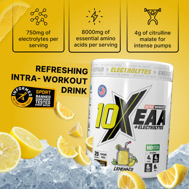 10X Athletic Full Essential Amino Acids Blend with Electrolytes Sugar Free EAA Powder for Energy Endurance Hydration and Recover 25 Servings 450 g Various Flavours (Lemonaze)