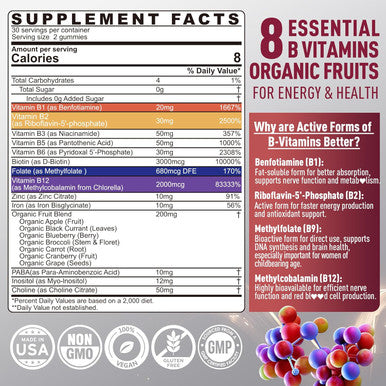 Nextdia Brain and Mood Support Gummies Super Vitamin B Complex for Men & Women All B Vitamin B1 B2 B3 B5 B6 B7 Folate MethyB12 with PABA Inositol Choline Supports MTHFR Gene and Energy Vegan 120 count