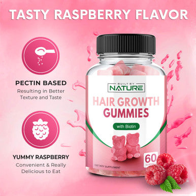 Built Nature Hair Vitamins - Ultra Strength Biotin 5000 Mcg With Vitamins C, E, D & B12 - Supports Hair Growth, Strength & Health - Vegetarian, Non-Gmo, Gluten-Free Gummy Supplement - Biotin For Women, 60 Gummies