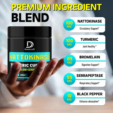 Dedicad 4-In-1 Nattokinase 2000 Fu, Turmeric, Bromelain, Serrapeptase - Body Balance, Circulation Health & Immune System - 120