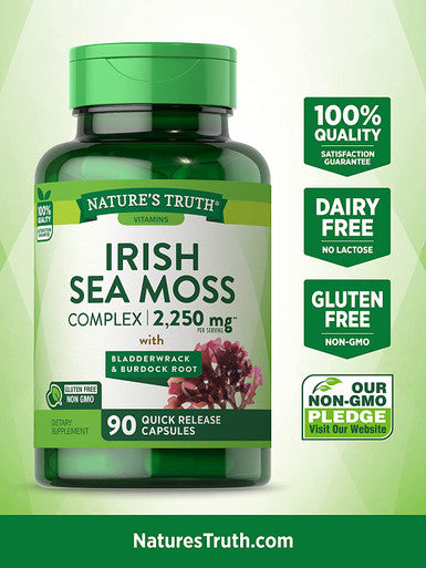 Irish Sea Moss Complex | 90 Capsules | Non-GMO & Gluten Supplement | with Bladderwrack & Burdock Root | by Nature's Truth