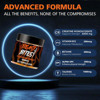 BEAST BITES Nutrition Creatine Monohydrate Gummies for Men & Women - 5g of Creatine Monohydrate per Serving - Sugar Free,Vegan, Orange Flavor, 135 Count (45 Servings).