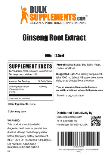 BulkSupplements Ginseng Root Extract Powder - Panax Ginseng for Energy Support - Vegan, Powder - 1000mg , 100 Servings (100 Grams - 3.5 oz)