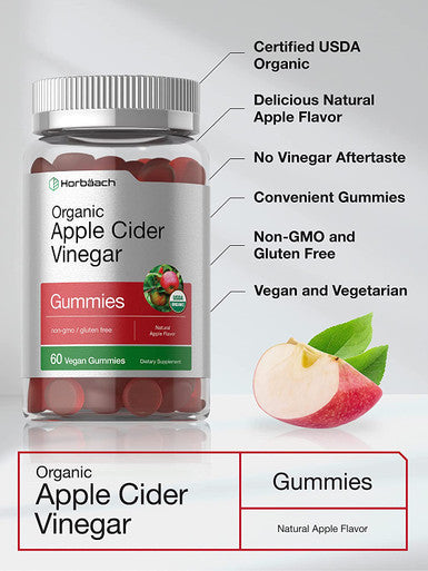 Organic Apple Cider Vinegar Gummies | 60 Gummies | Vegan, Non-GMO & Gluten-Free Supplement | USDA Certified Organic ACV | Apple Flavor | by Horbaach