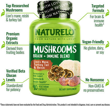 NATURELO Mushroom Supplement Ãƒâ€šÃ¢â‚¬â€œ Brain & Immune Health Blend with LionÃƒâ€šÃ¢â‚¬â„¢s Mane, Reishi, Turkey Tail Ãƒâ€šÃ¢â‚¬â€œ 90 Vegan Friendly Capsules