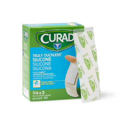 Curad Truly Ouchless Silicone Adhesive Bandages Fabric Bandages For Delicate Sensitive Skin 3/4X3 (50 Count)