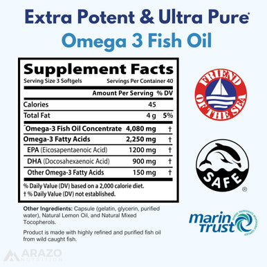 Arazo Nutrition Omega 3 Fish Oil 4,080Mg - High Epa 1200Mg + Dha 900Mg 120 Softgels
